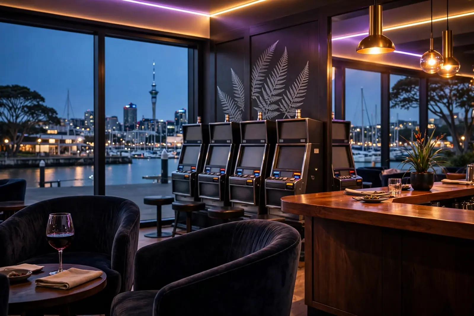 Stylized Auckland gaming lounge at twilight with neon lighting and pokies machines overlooking the harbor