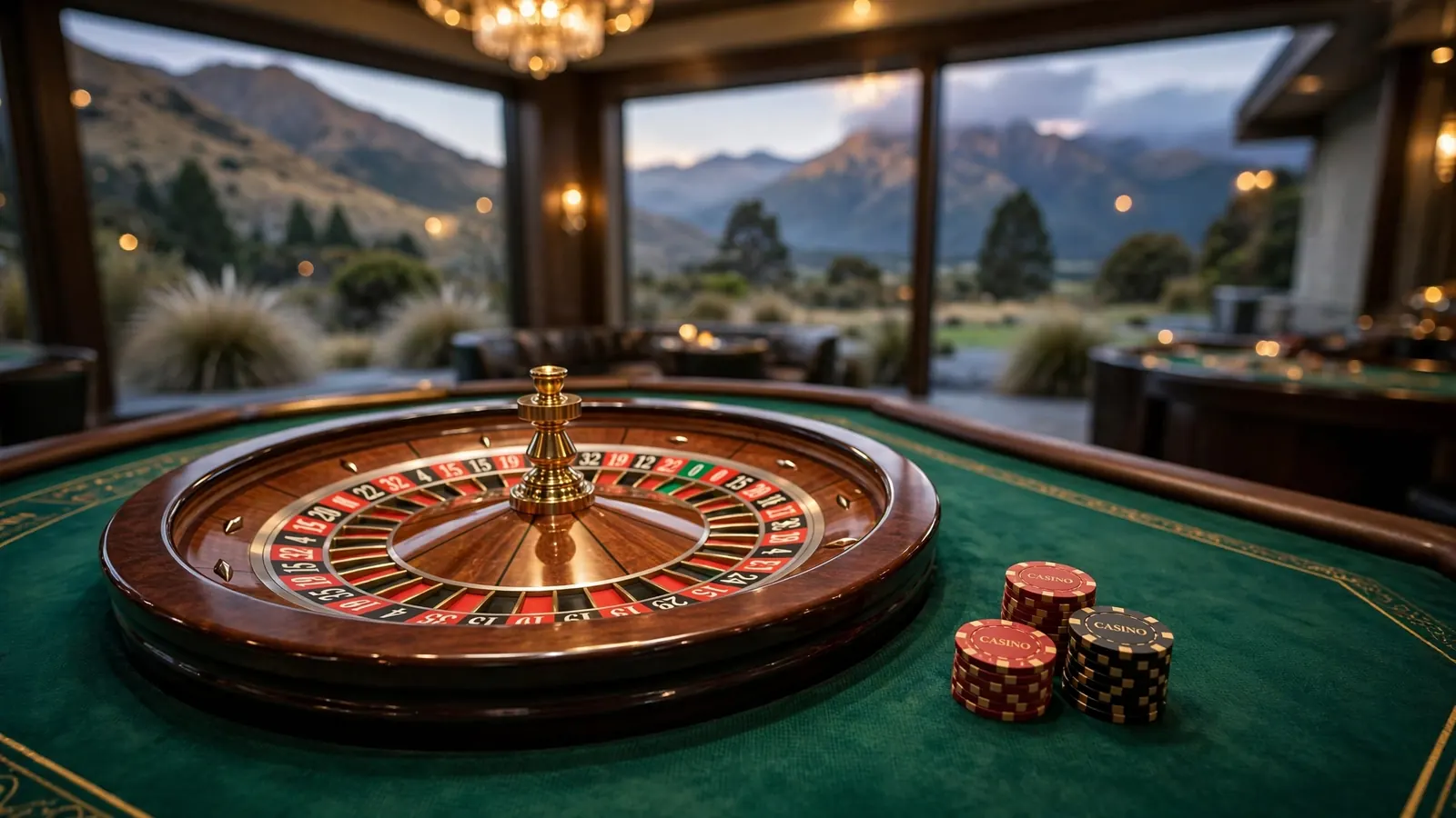 Elegant European roulette wheel on green felt table with chips, New Zealand landscape beyond windows