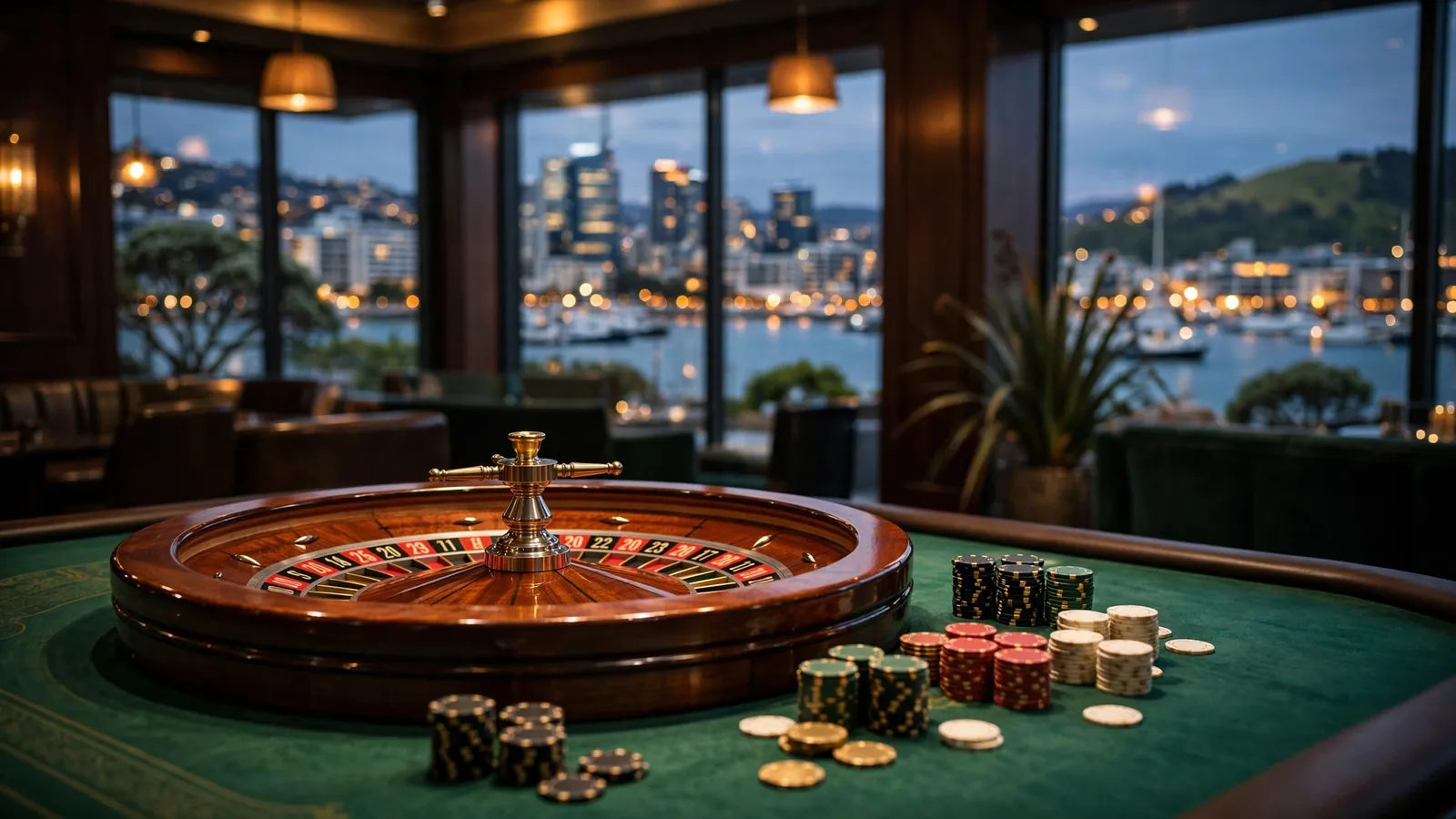 Roulette wheel on casino table with New Zealand city skyline at dusk