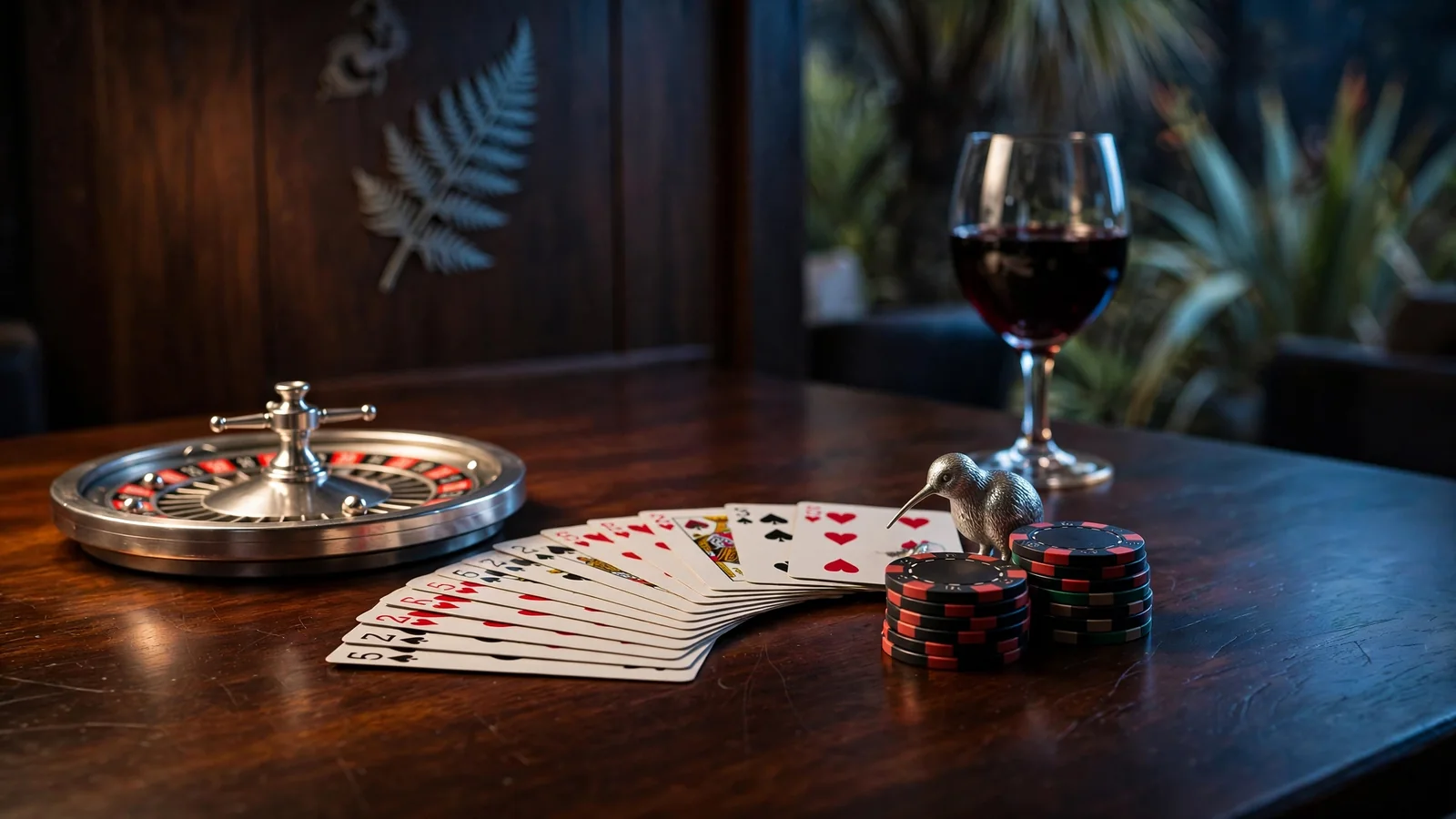Roulette wheel, playing cards and casino chips arranged on a wooden table with a small silver kiwi figurine.