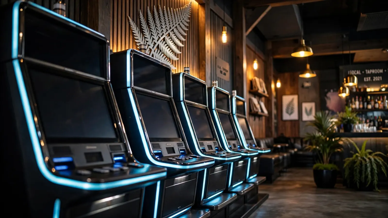 Modern New Zealand gaming lounge with glowing slot machine cabinets