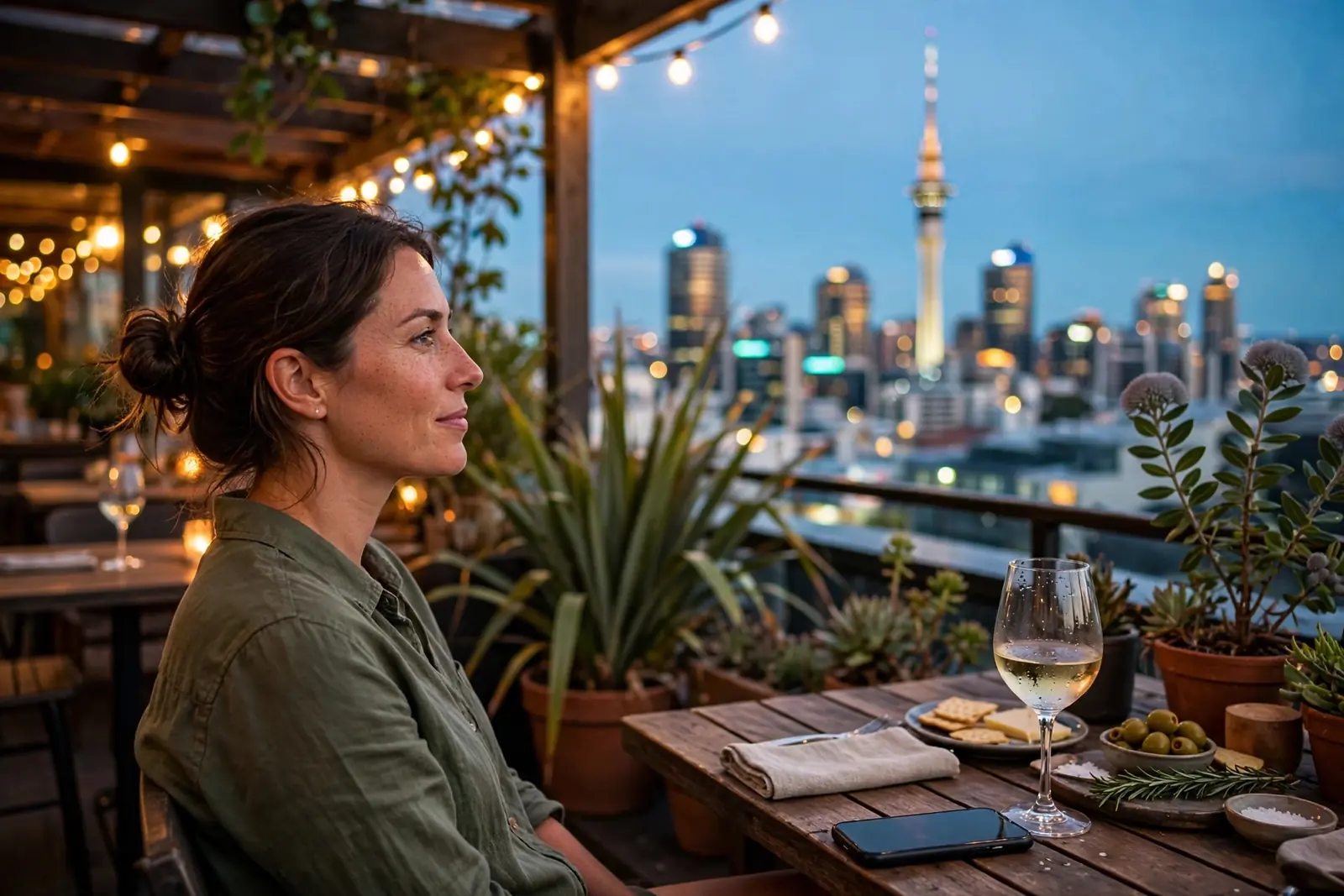 Auckland rooftop bar scene with person enjoying local wine at dusk