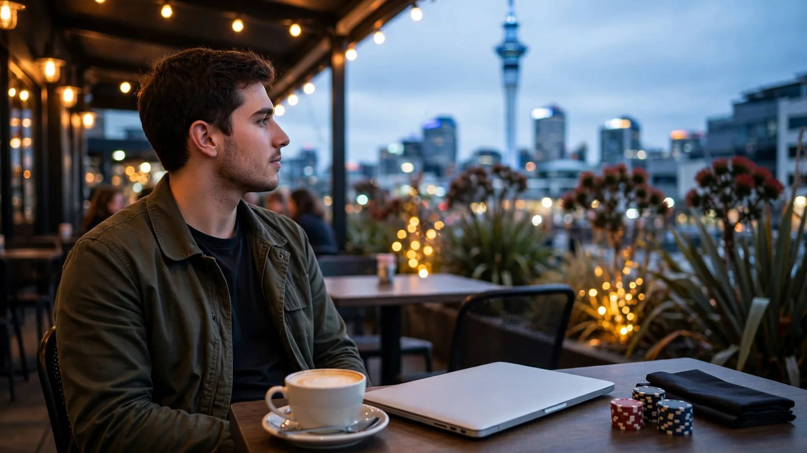 Young adult at Auckland café table with laptop, coffee, and casino chips at dusk