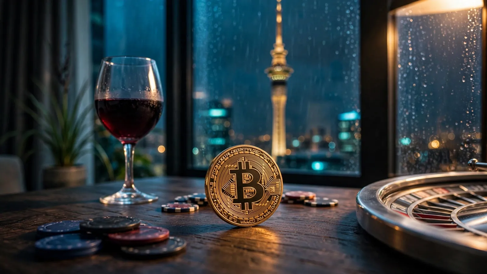 Bitcoin coin with casino chips on a table, Auckland Sky Tower at night