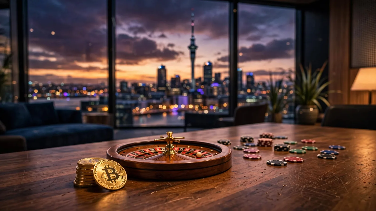 Bitcoin tokens, roulette wheel, and chips on a table with Auckland skyline at dusk.
