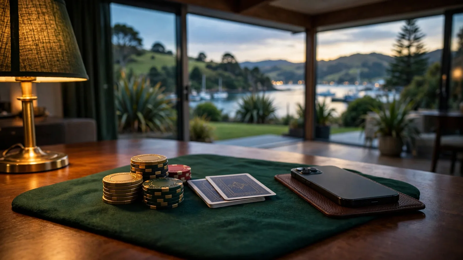 Casino chips and face-down cards on a wooden table in a New Zealand home at dusk