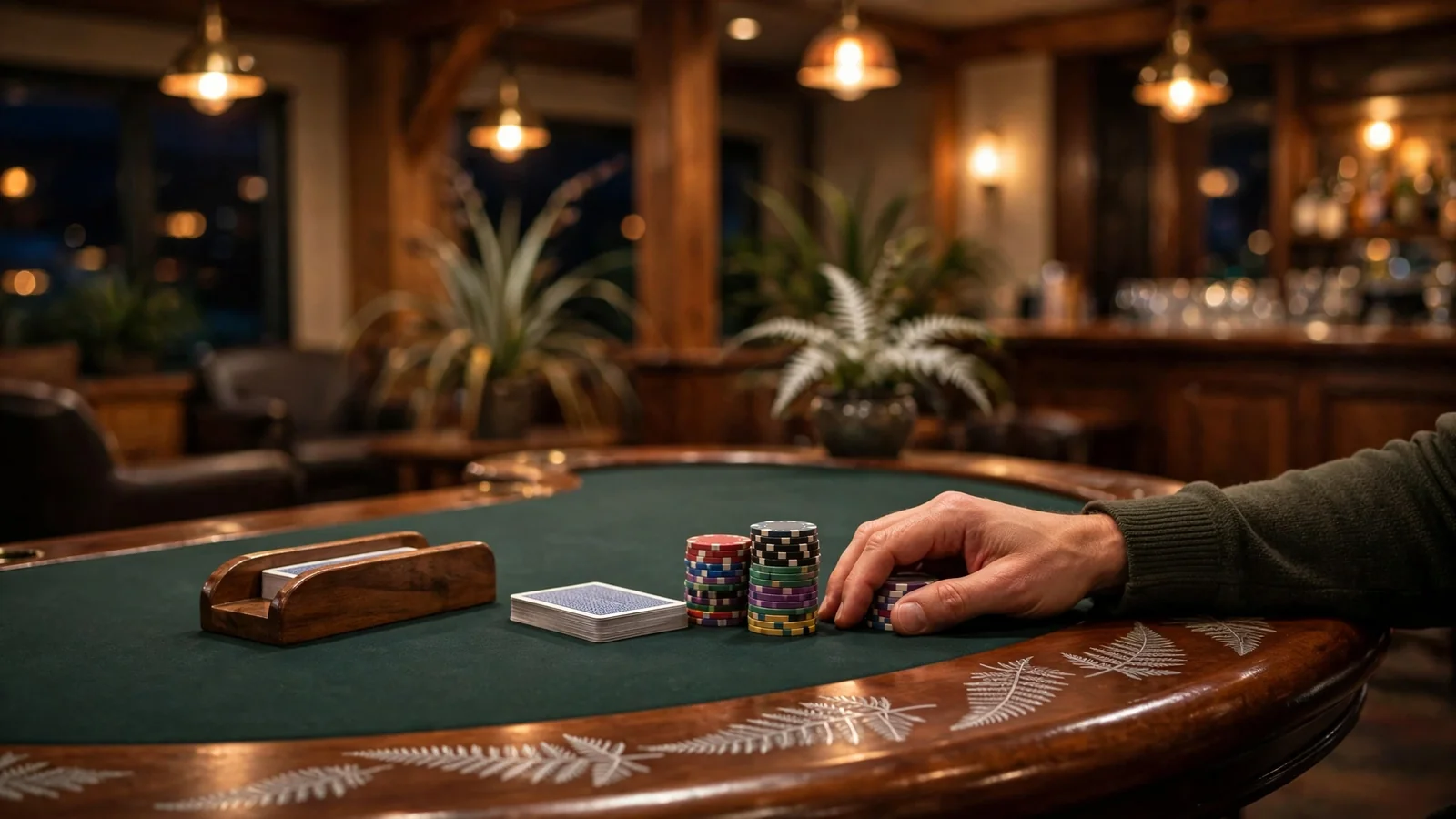 Blackjack table with chips and cards in a New Zealand casino lounge