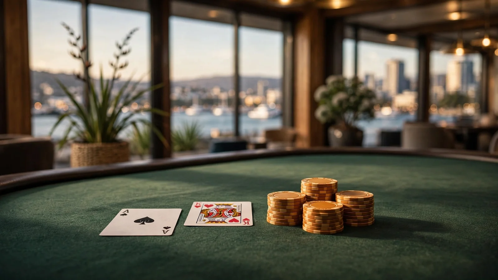 Casino blackjack table with chips and cards, Auckland harbour in background.