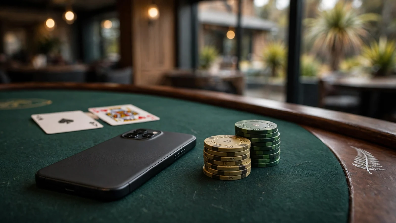 Smartphone on a green felt blackjack table with chips and cards, New Zealand casino ambiance.