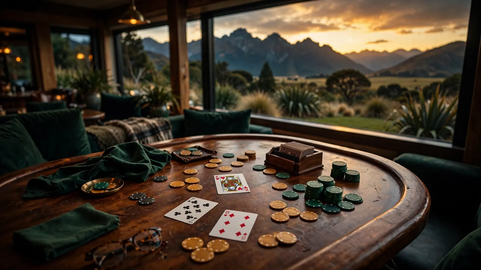 Casino blackjack table with chips and cards, New Zealand mountains in background at sunset