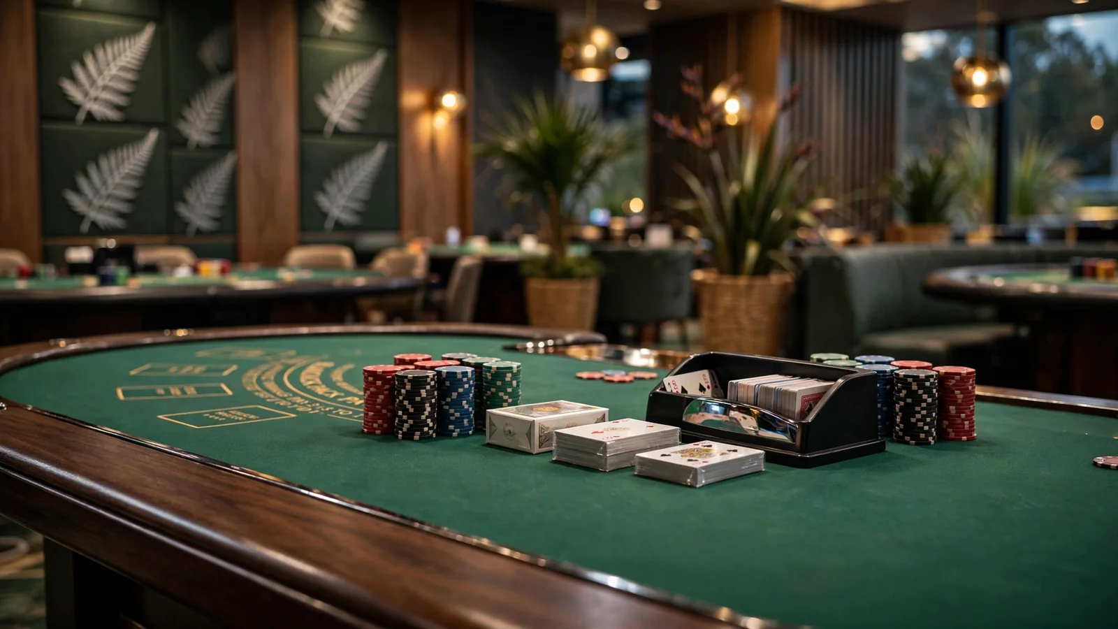 Green-felt blackjack table inside a modern New Zealand casino with chips and cards