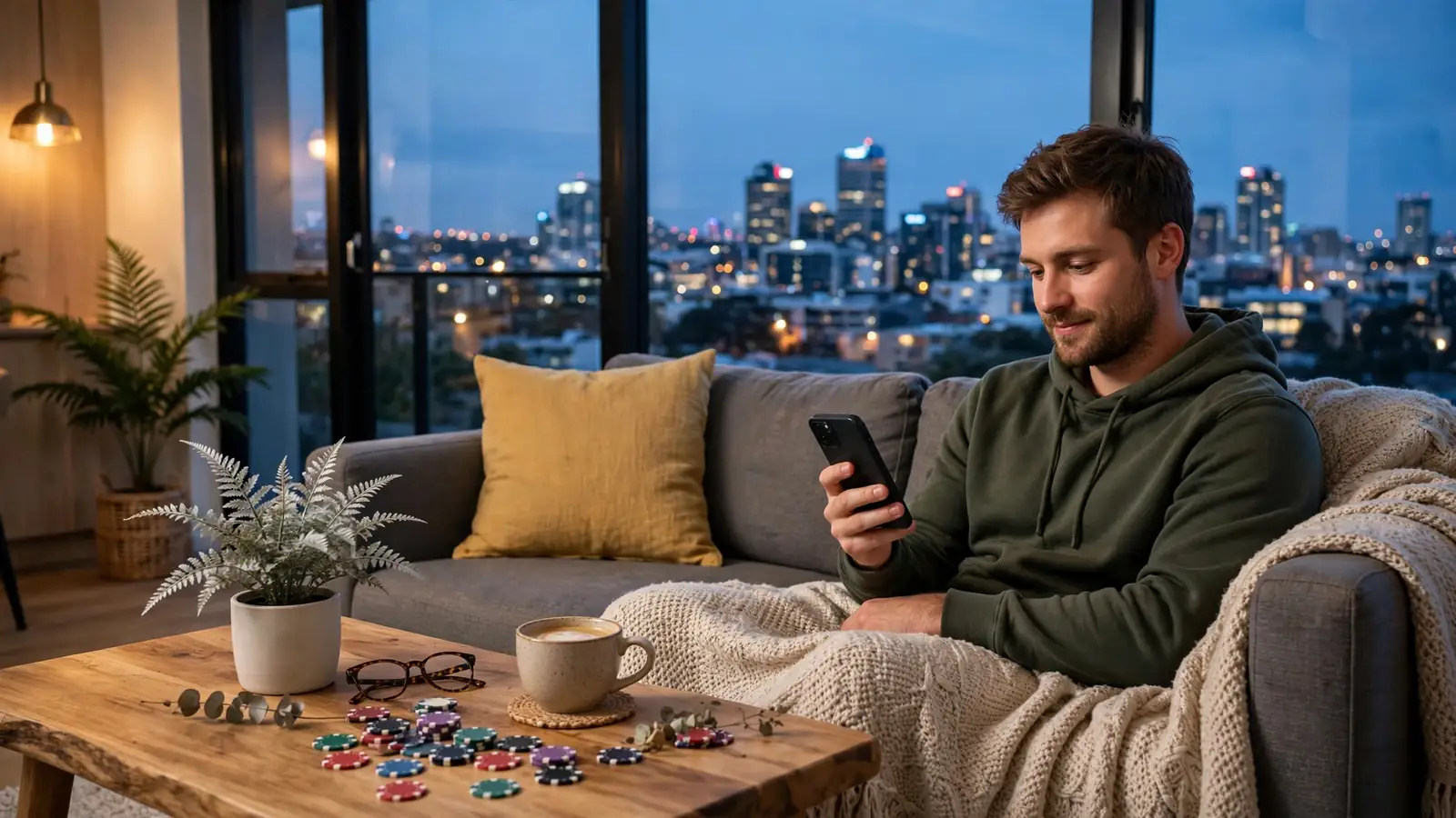 Person relaxing with smartphone in modern New Zealand apartment with casino chips and city view