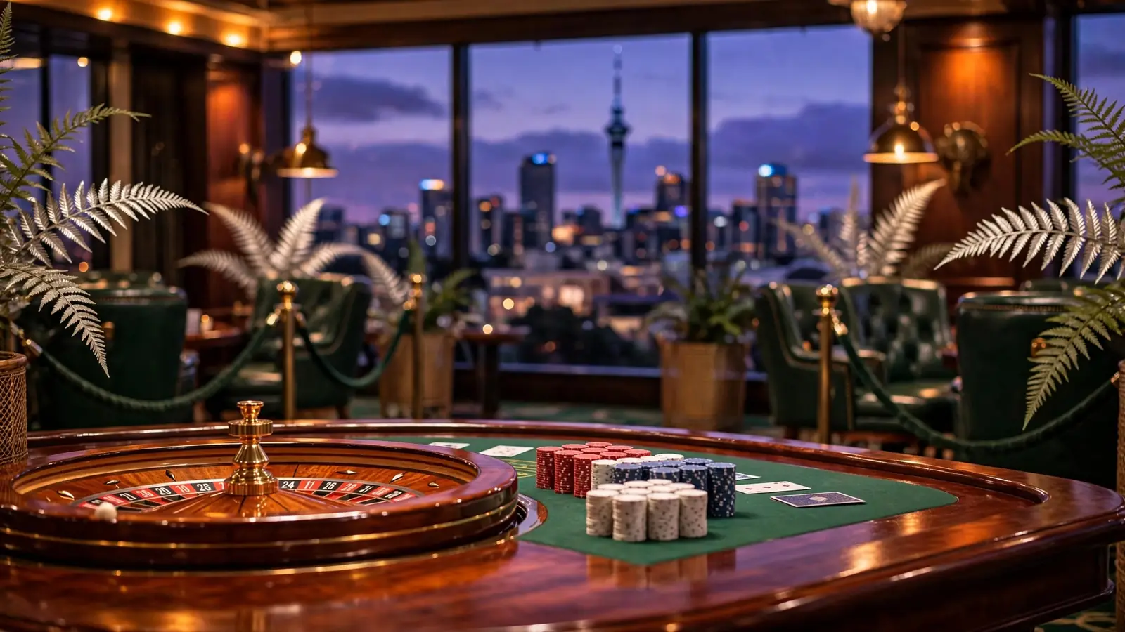 New Zealand casino lounge interior with roulette wheel, chips, and Auckland skyline at dusk.