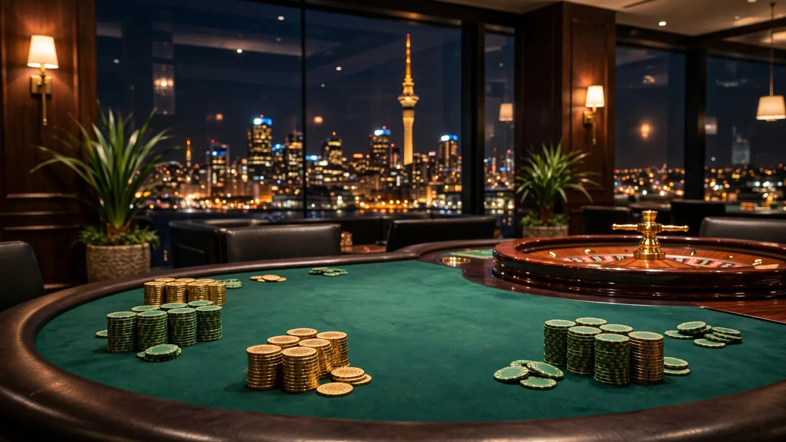 Elegant casino table with chips and roulette wheel, Auckland skyline at night
