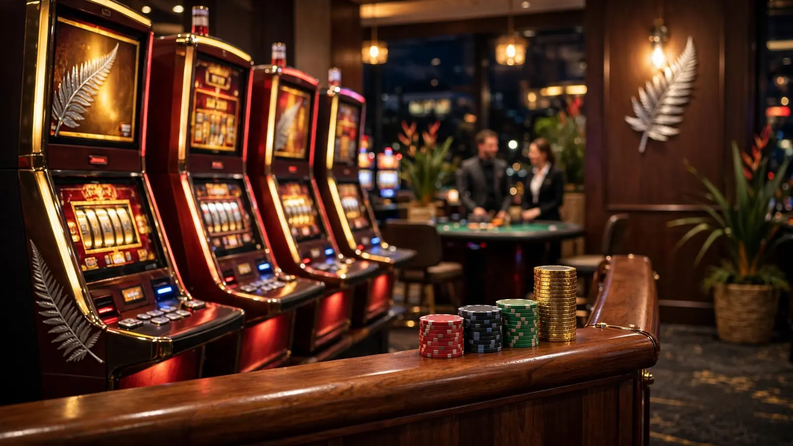 Modern casino interior in New Zealand with slot machines and gaming chips