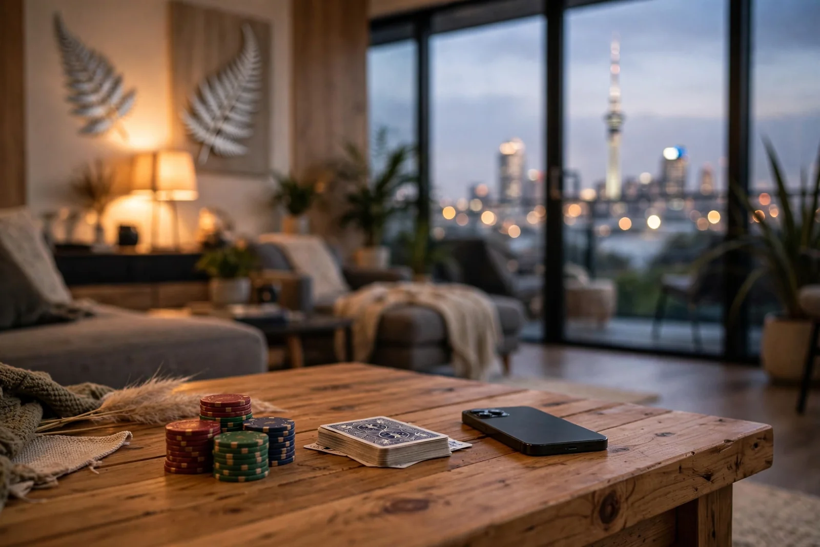 Casino chips and cards on a coffee table with Auckland skyline view at dusk