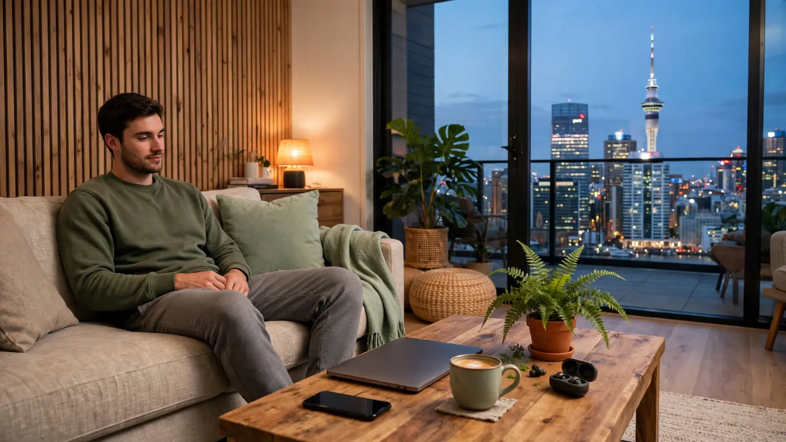 Person relaxing at home with laptop and phone in New Zealand apartment