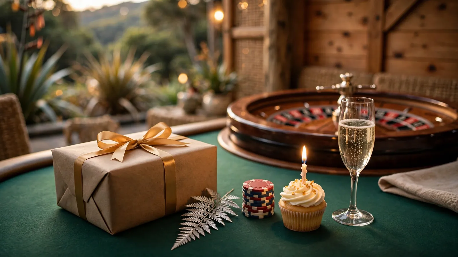 Birthday gift box with golden ribbon on a casino table with chips and roulette wheel