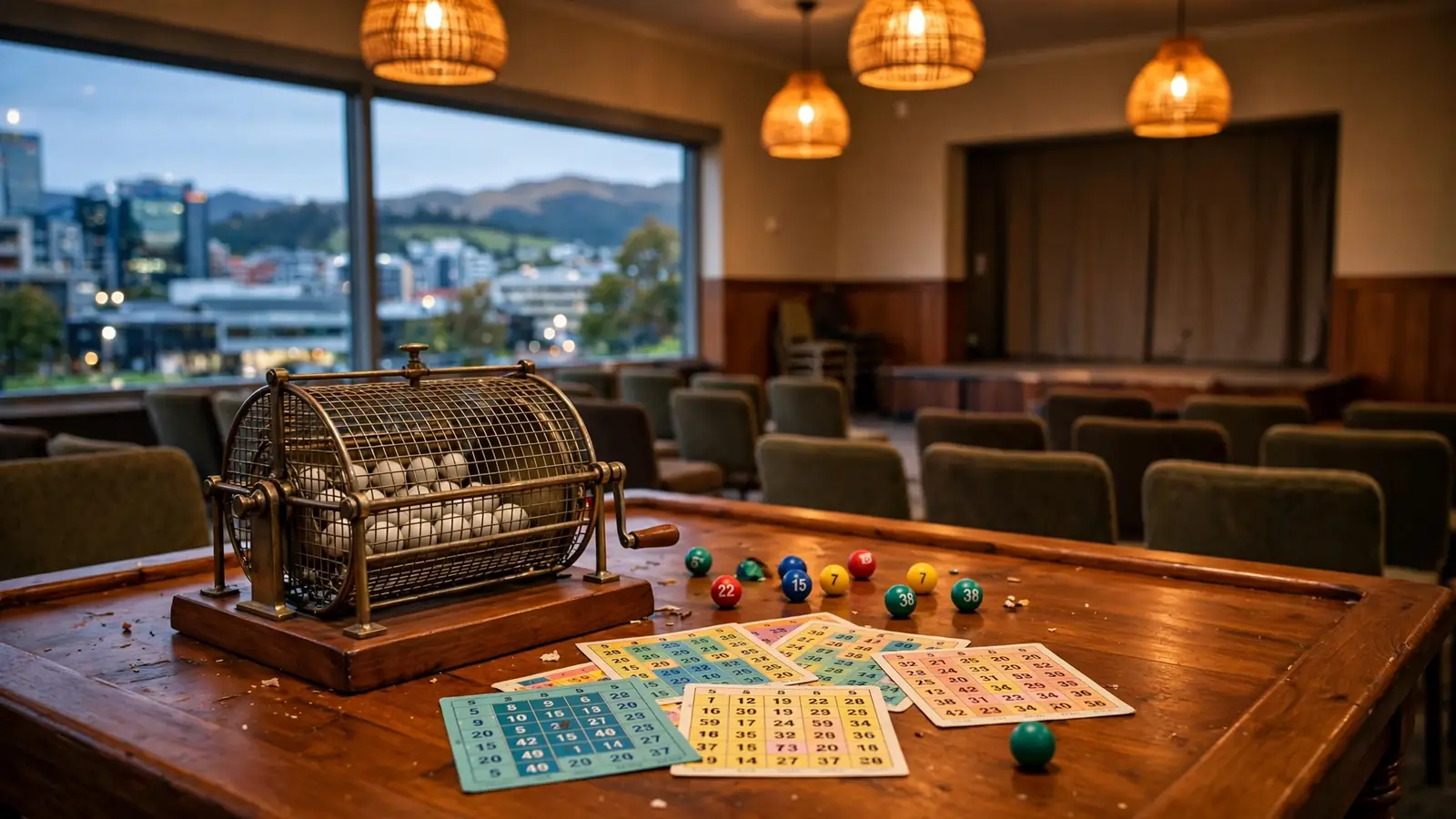 Bingo cards and a numbered ball cage on a wooden table in a New Zealand bingo hall