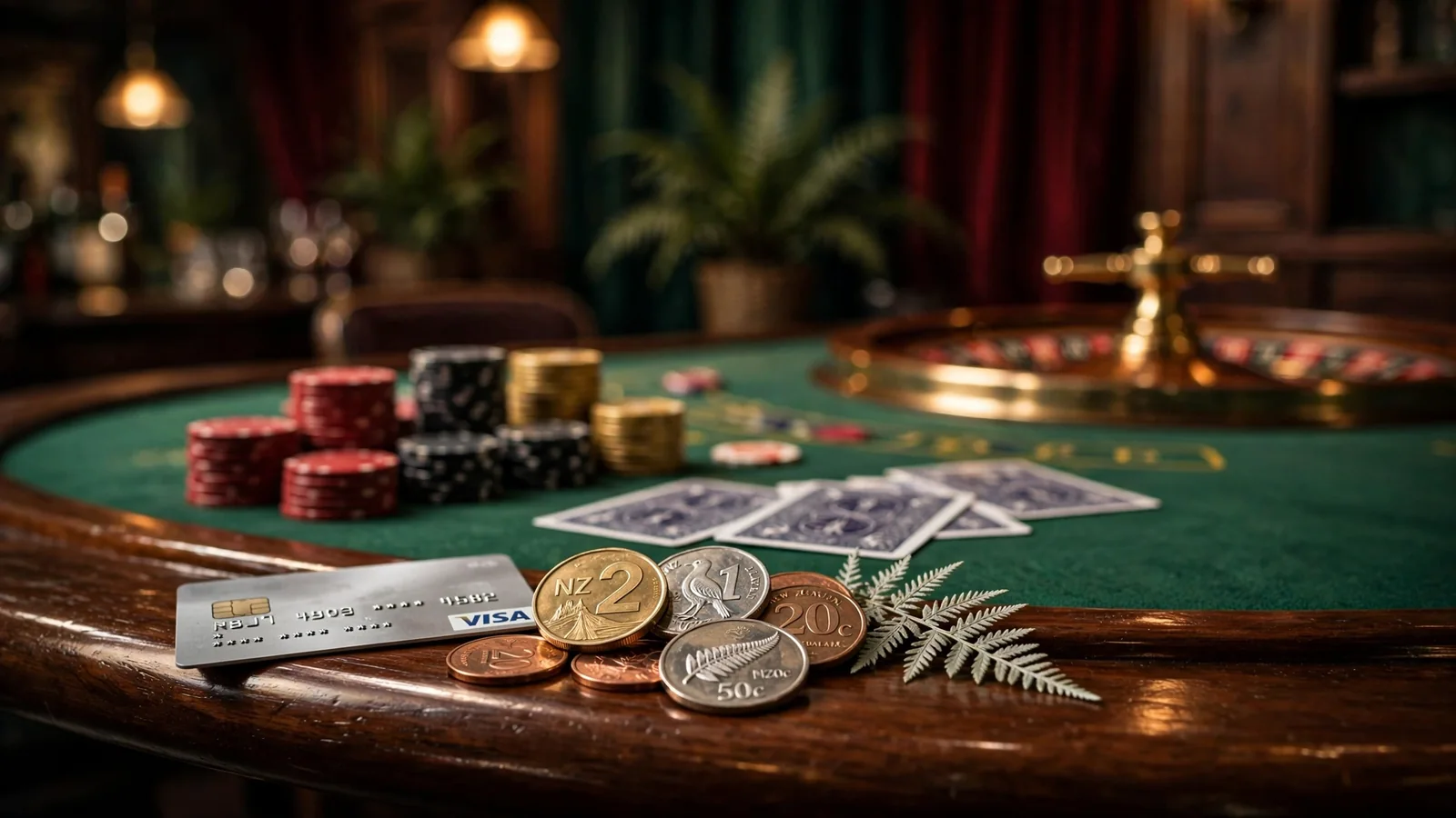 Casino table with chips, roulette wheel, NZ coins and a silver fern.