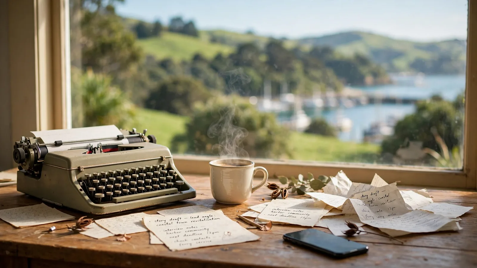 New Zealand editorial desk with typewriter, coffee, and notes near a window overlooking green hills