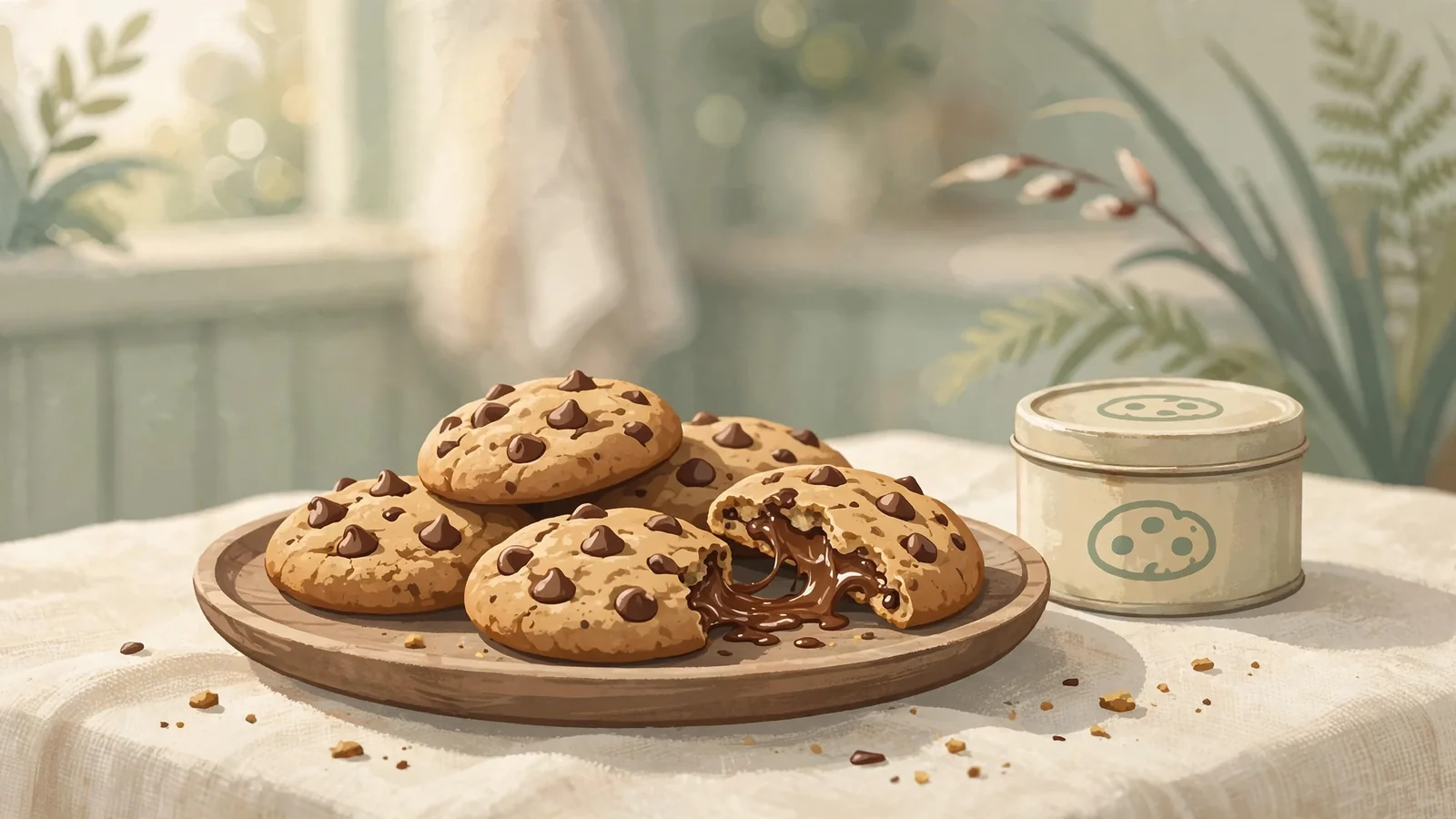 Illustrated plate of chocolate chip cookies with a vintage tin on a wooden table