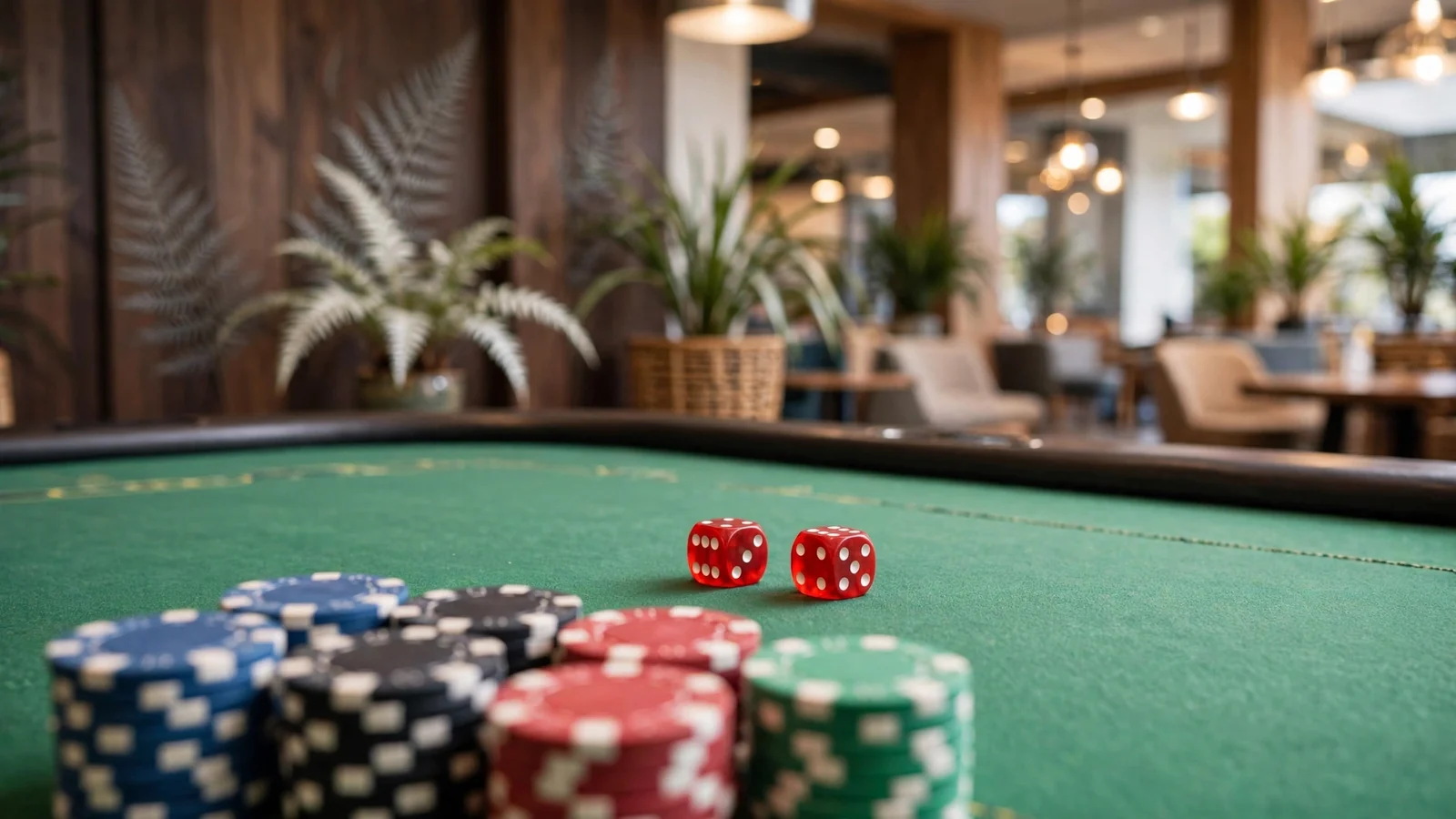 Red dice and casino chips on a craps table with New Zealand lounge decor