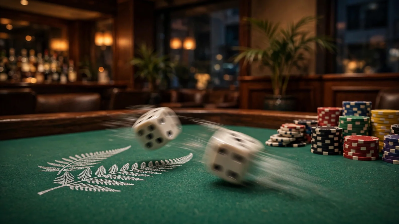 Craps table with rolling dice and casino chips in a dim lounge