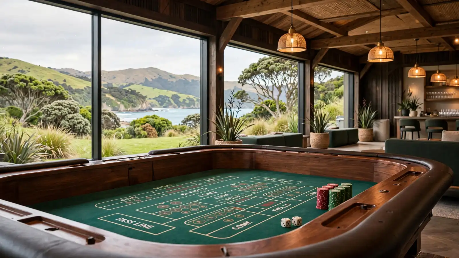 New Zealand casino craps table with chips and Kiwi landscape view