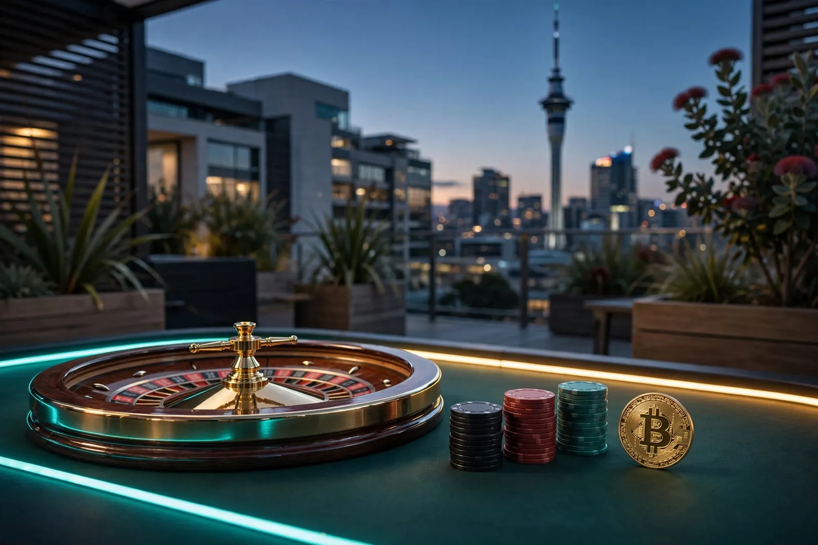 Roulette wheel with Bitcoin coin and casino chips against Auckland skyline at dusk