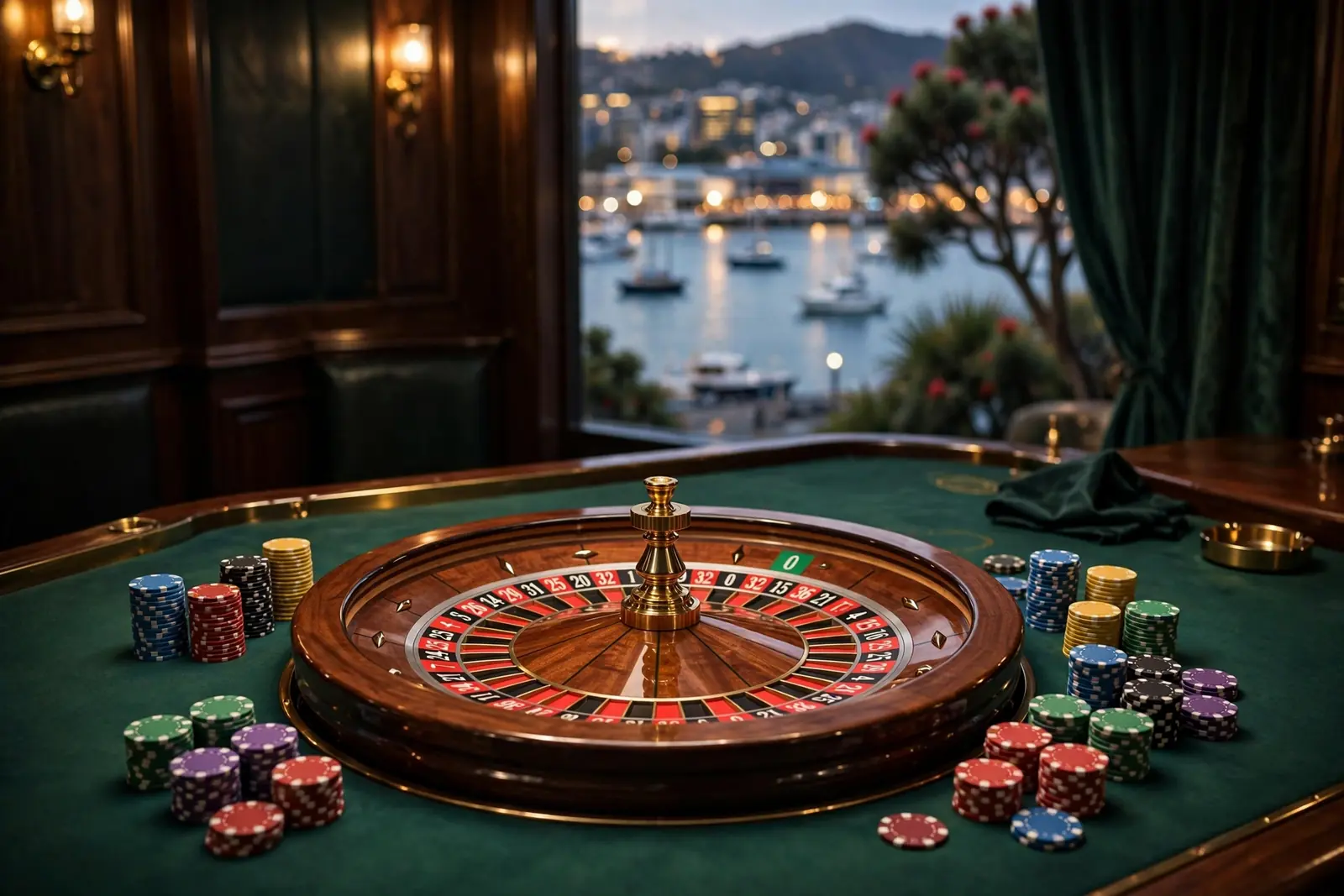 European single-zero roulette wheel with casino chips on a green table