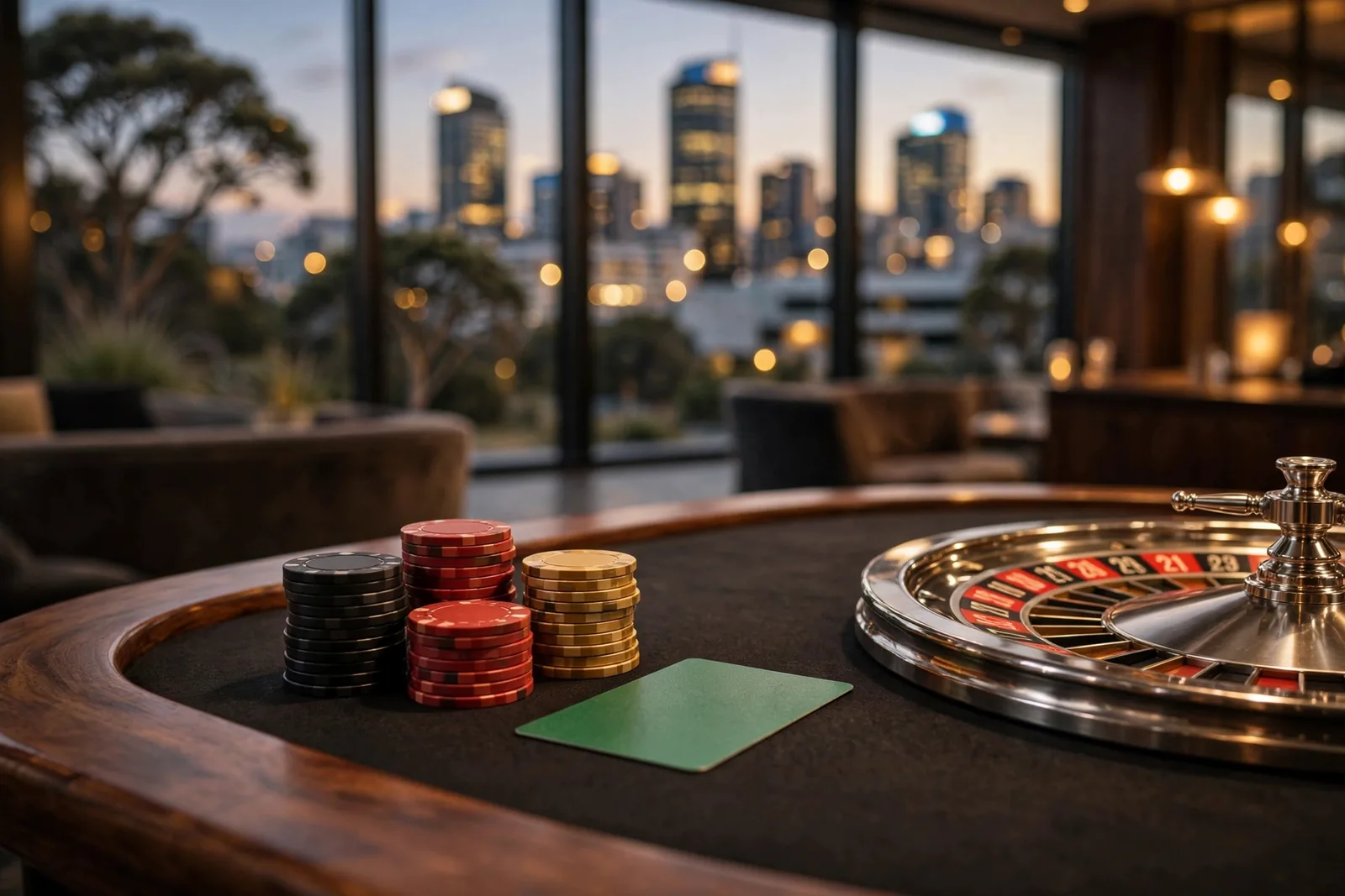Casino chips, cards, and roulette wheel on a polished table with Auckland skyline at dusk.