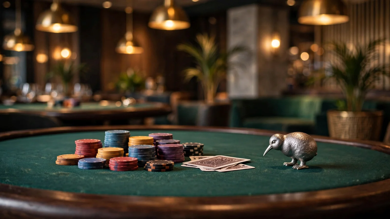 Stylized blackjack table with chips and cards in a New Zealand casino