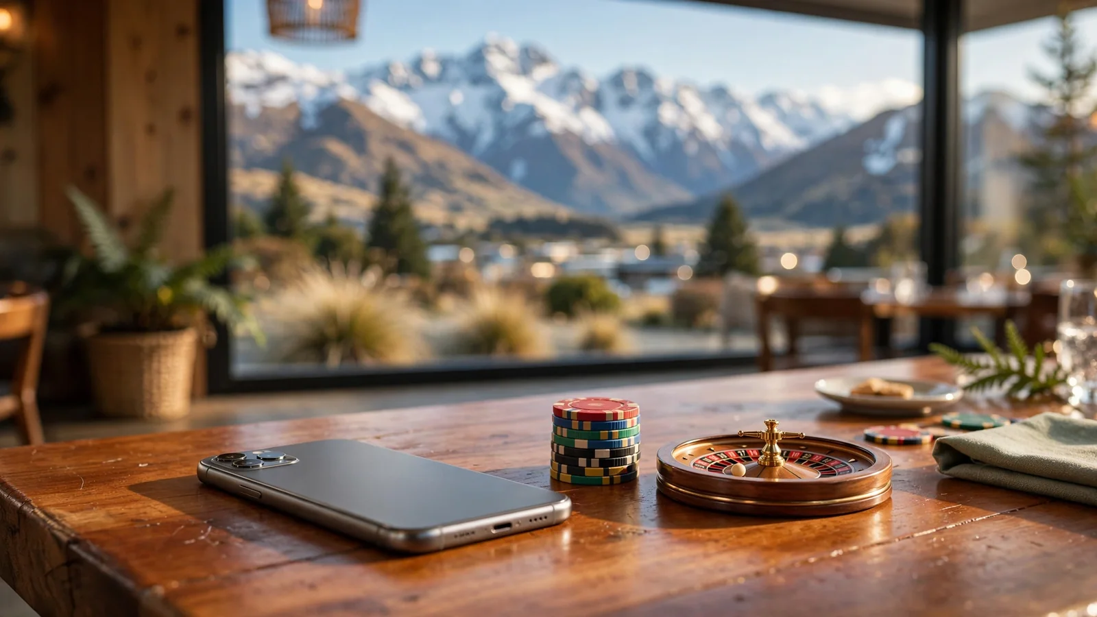 Casino chips and roulette on a table in New Zealand café with mountain view.