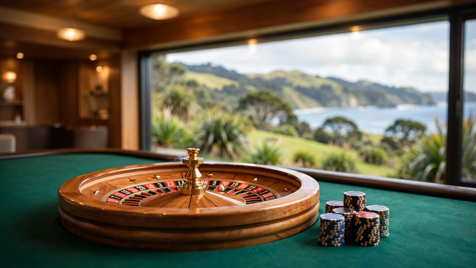 Roulette wheel and chips on a casino table with a New Zealand coastal view in the background