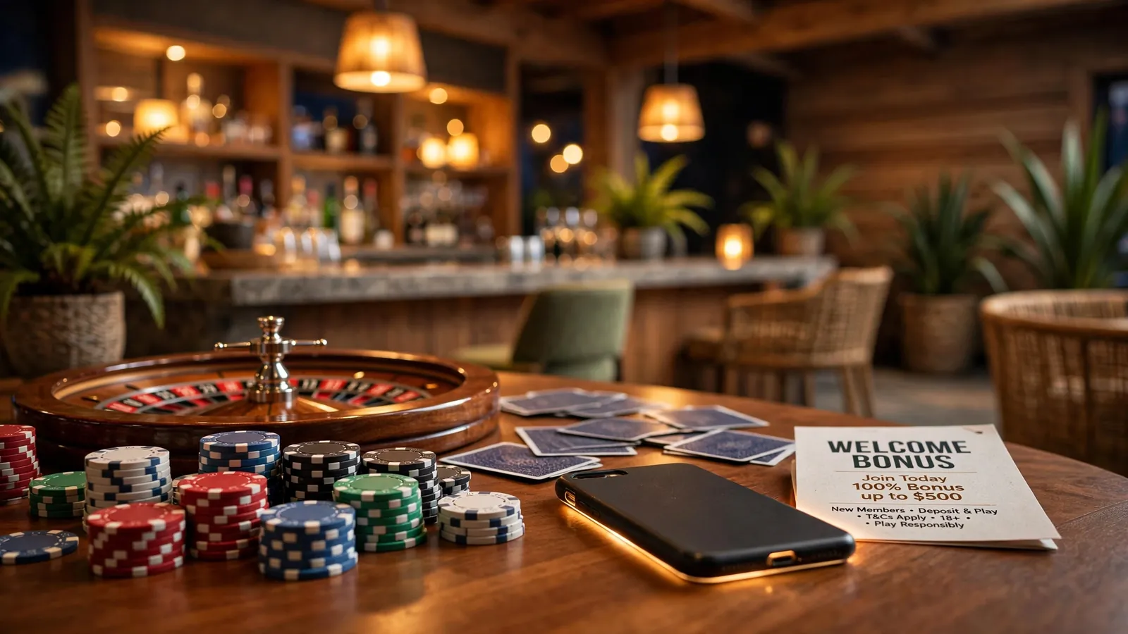Casino table with chips, cards, and roulette wheel in a New Zealand lounge