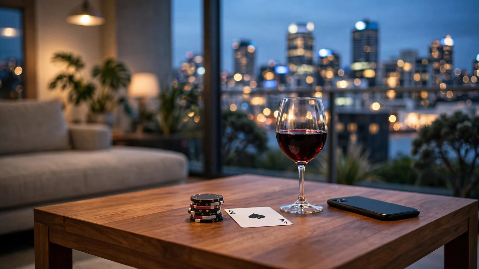 Casino chips and a playing card on a table with Auckland skyline at dusk.