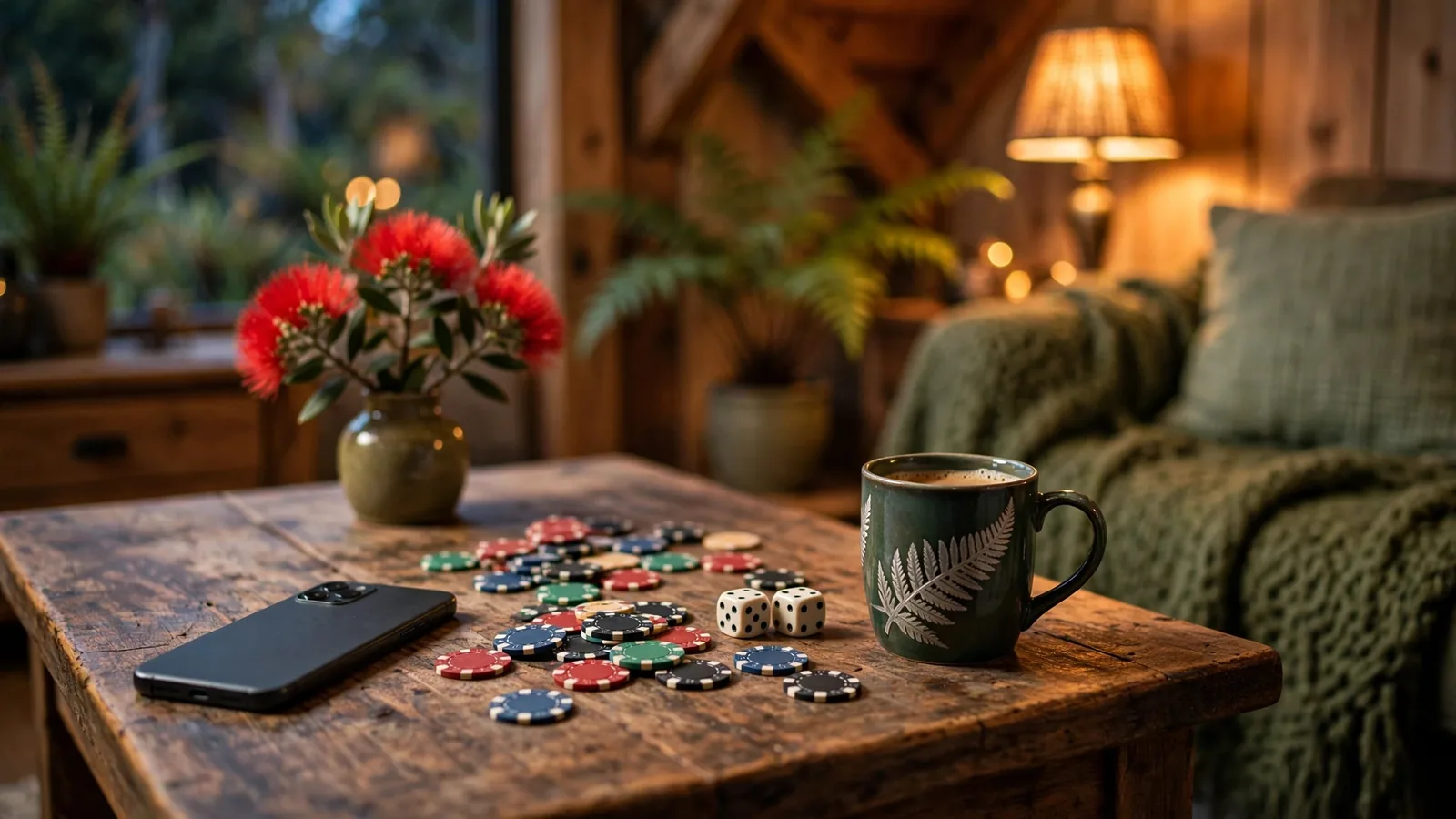 Casino chips and dice on a coffee table in a New Zealand home