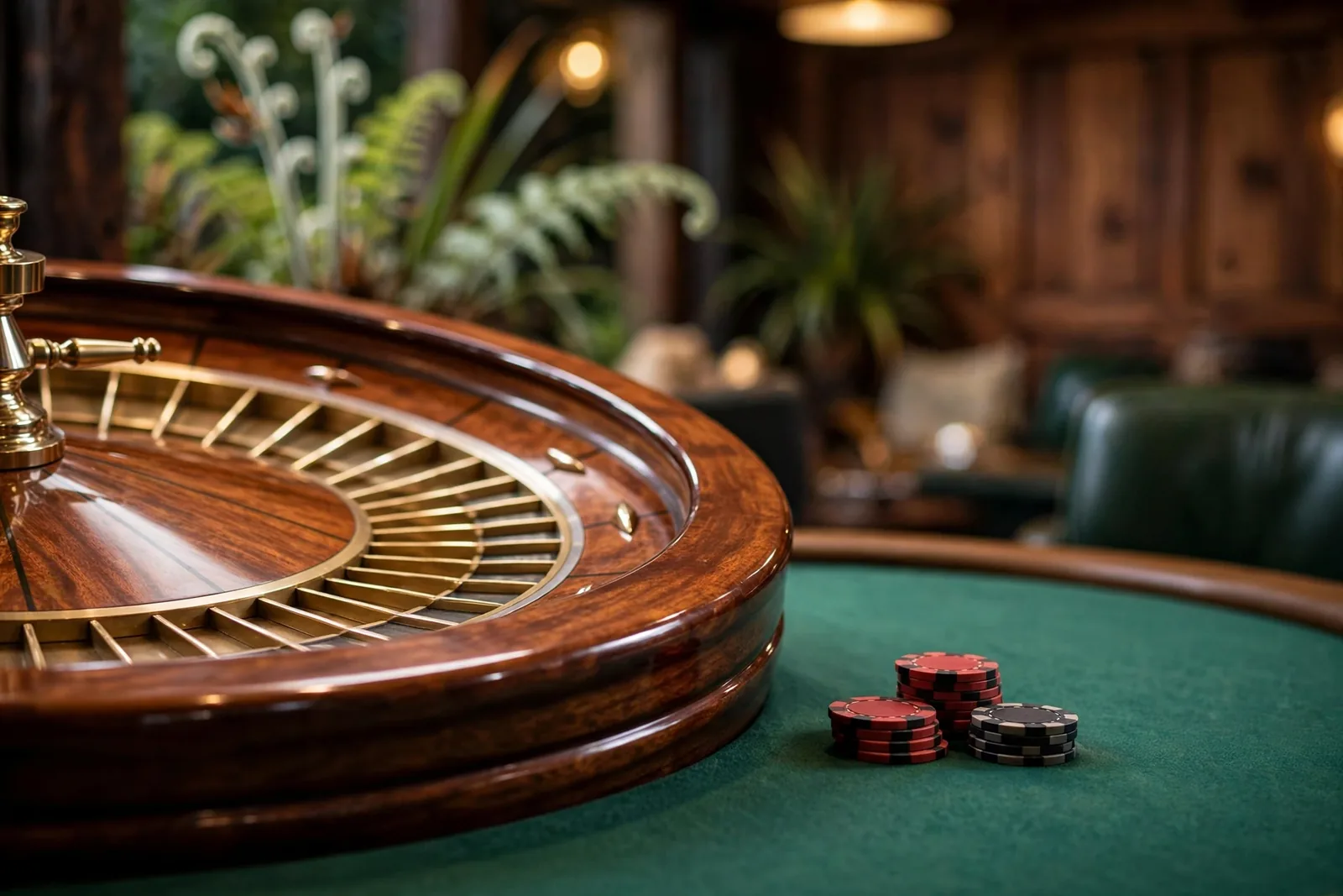 French roulette wheel with casino chips on a green table in an elegant gaming lounge.