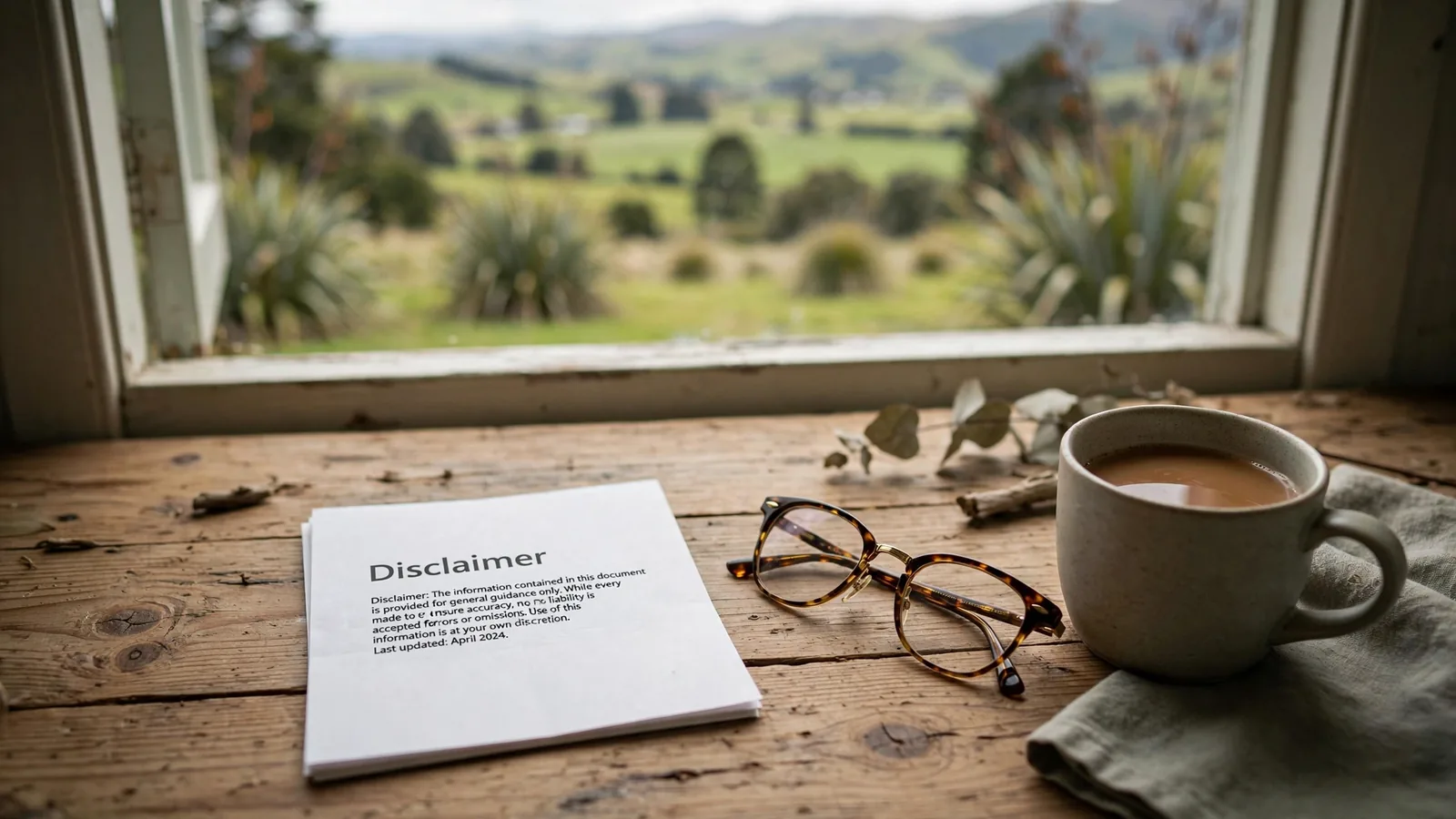 Printed disclaimer document on a wooden desk with reading glasses and tea