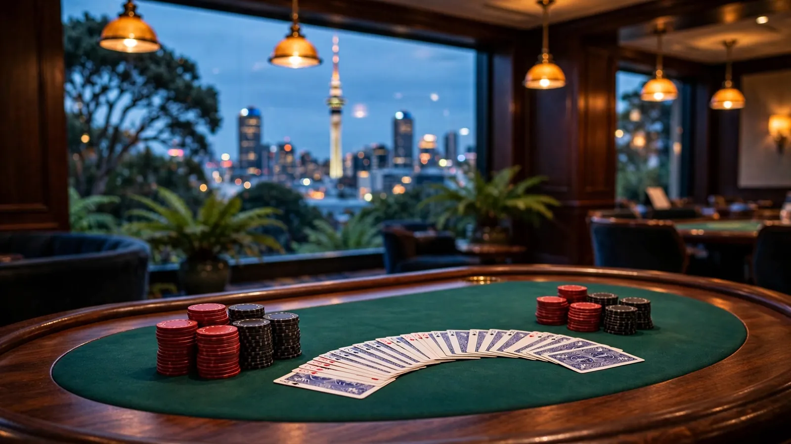 Blackjack table with cards and chips in a New Zealand casino at dusk