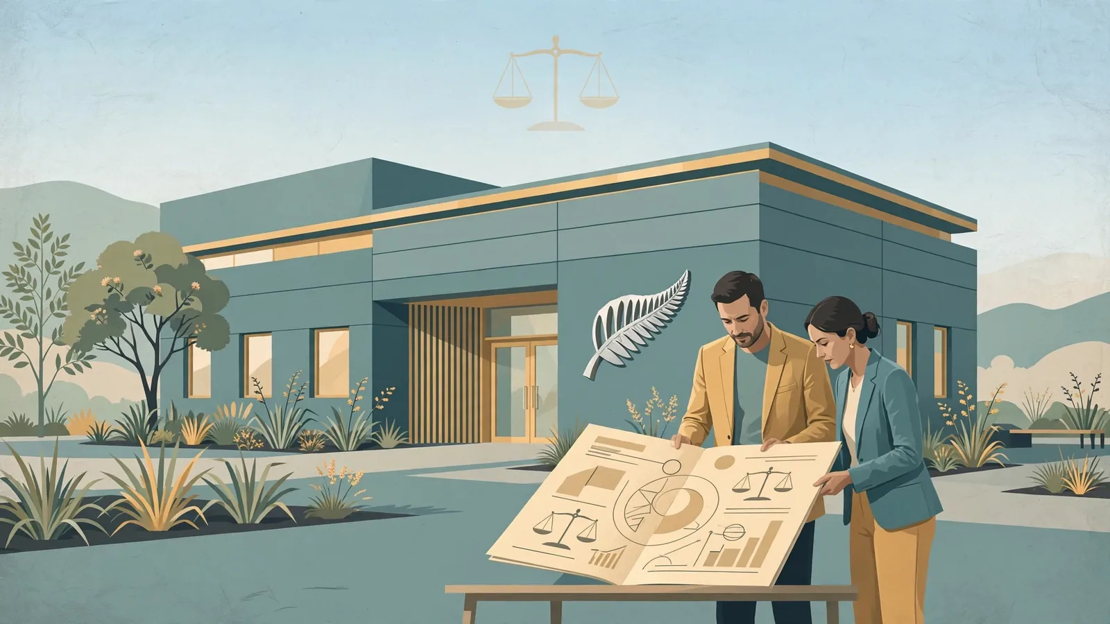 Stylized New Zealand government building with figures reviewing a licensing document