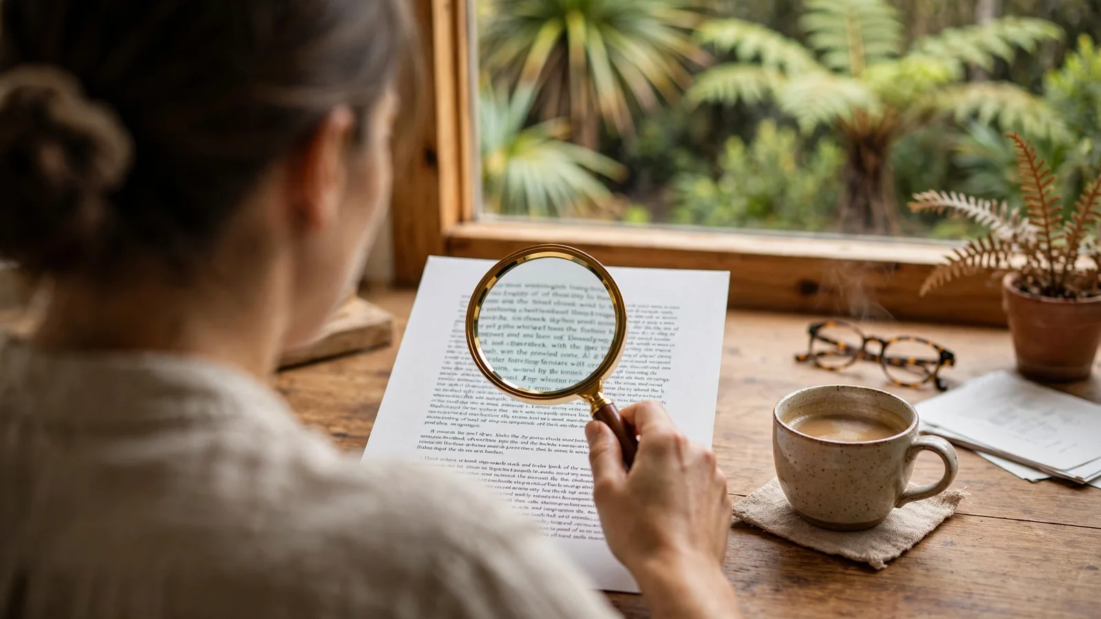 Person examining fine print with a magnifying glass at a desk