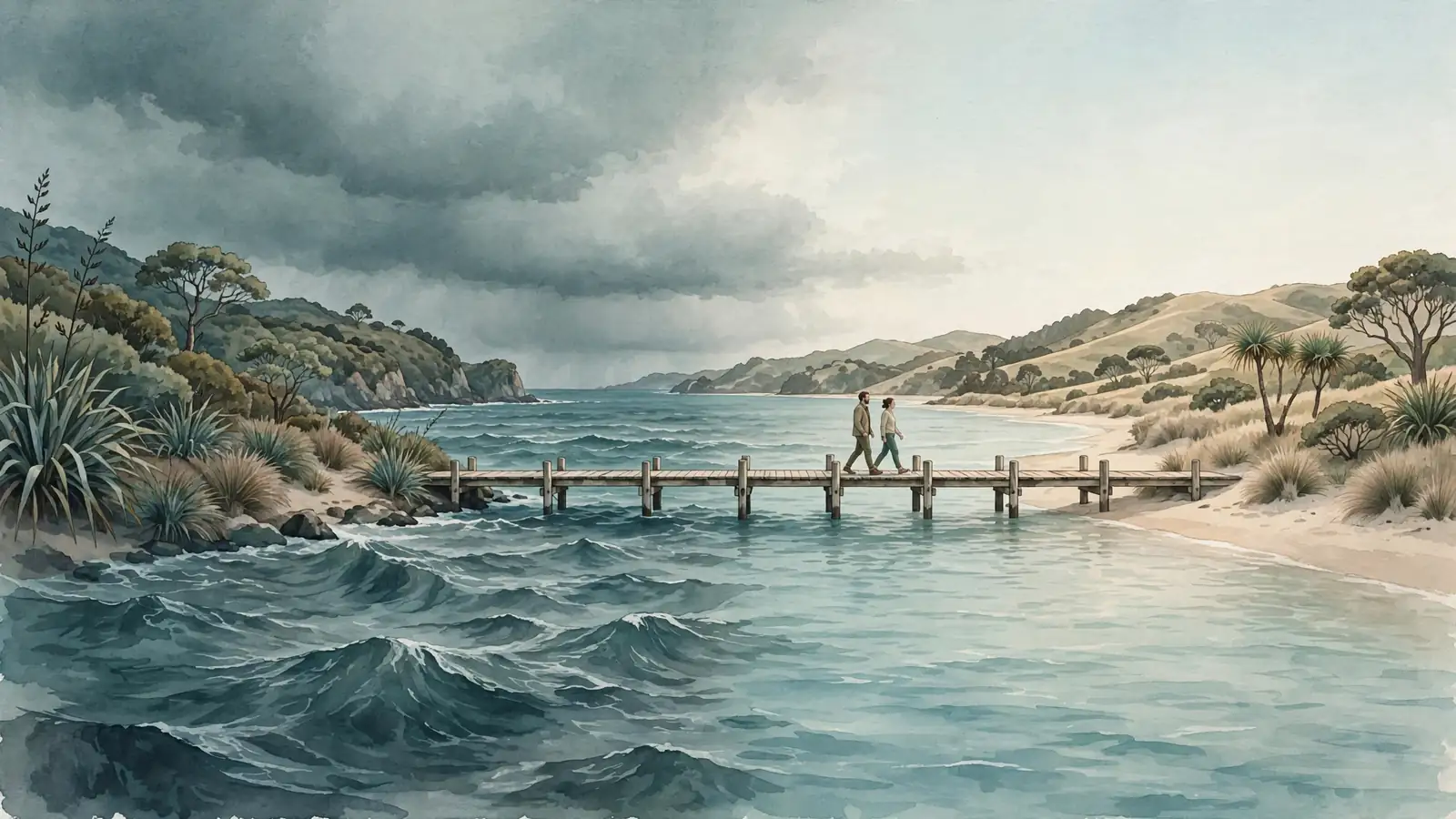 Conceptual illustration of a pier dividing stormy and calm seas