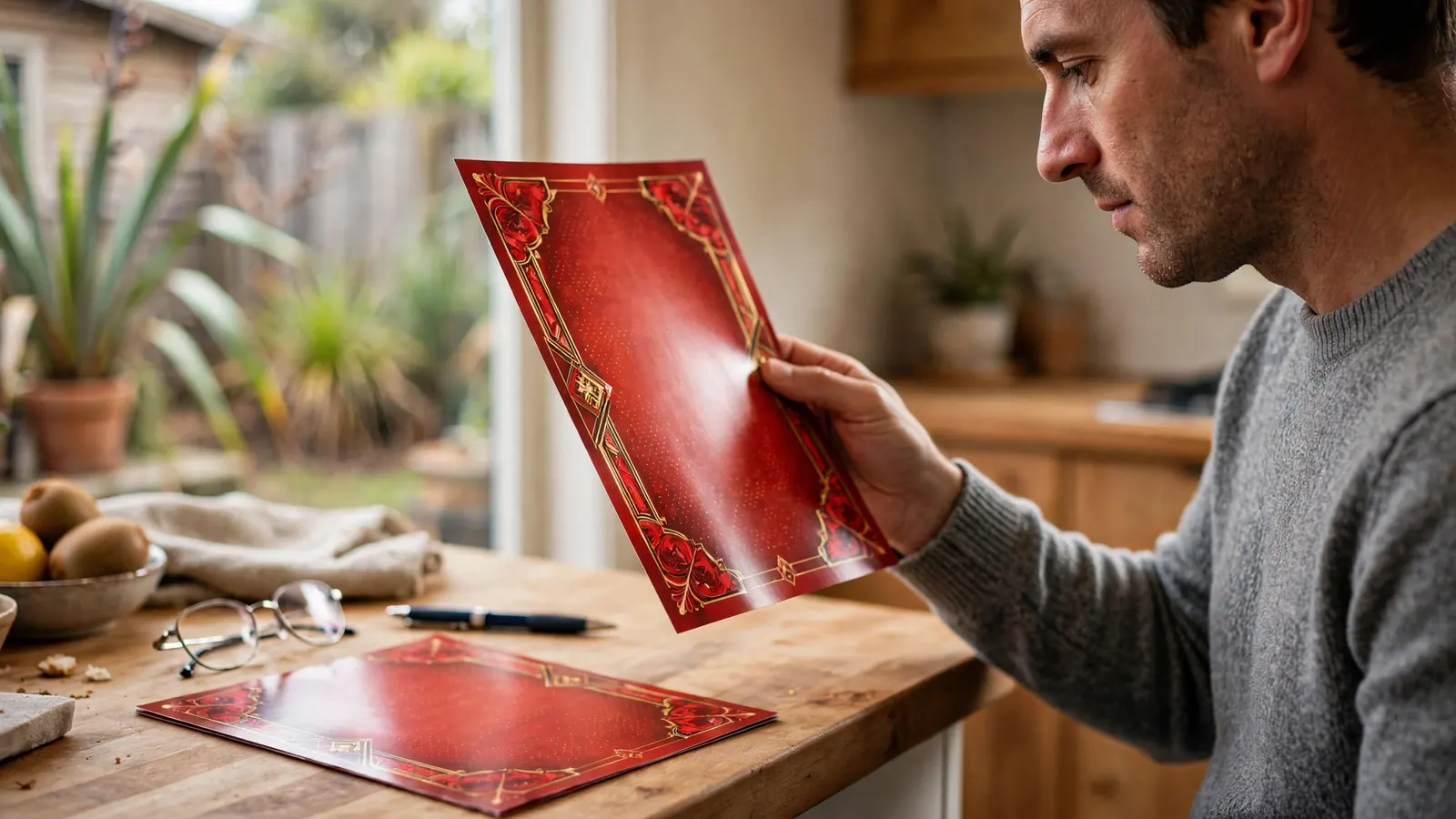 Person reading the fine print on a glossy promotional flyer