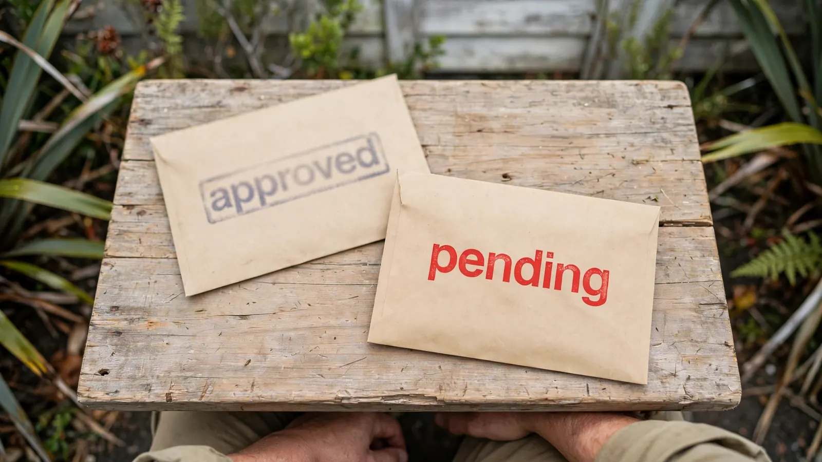 Two envelopes on a table marked approved and pending