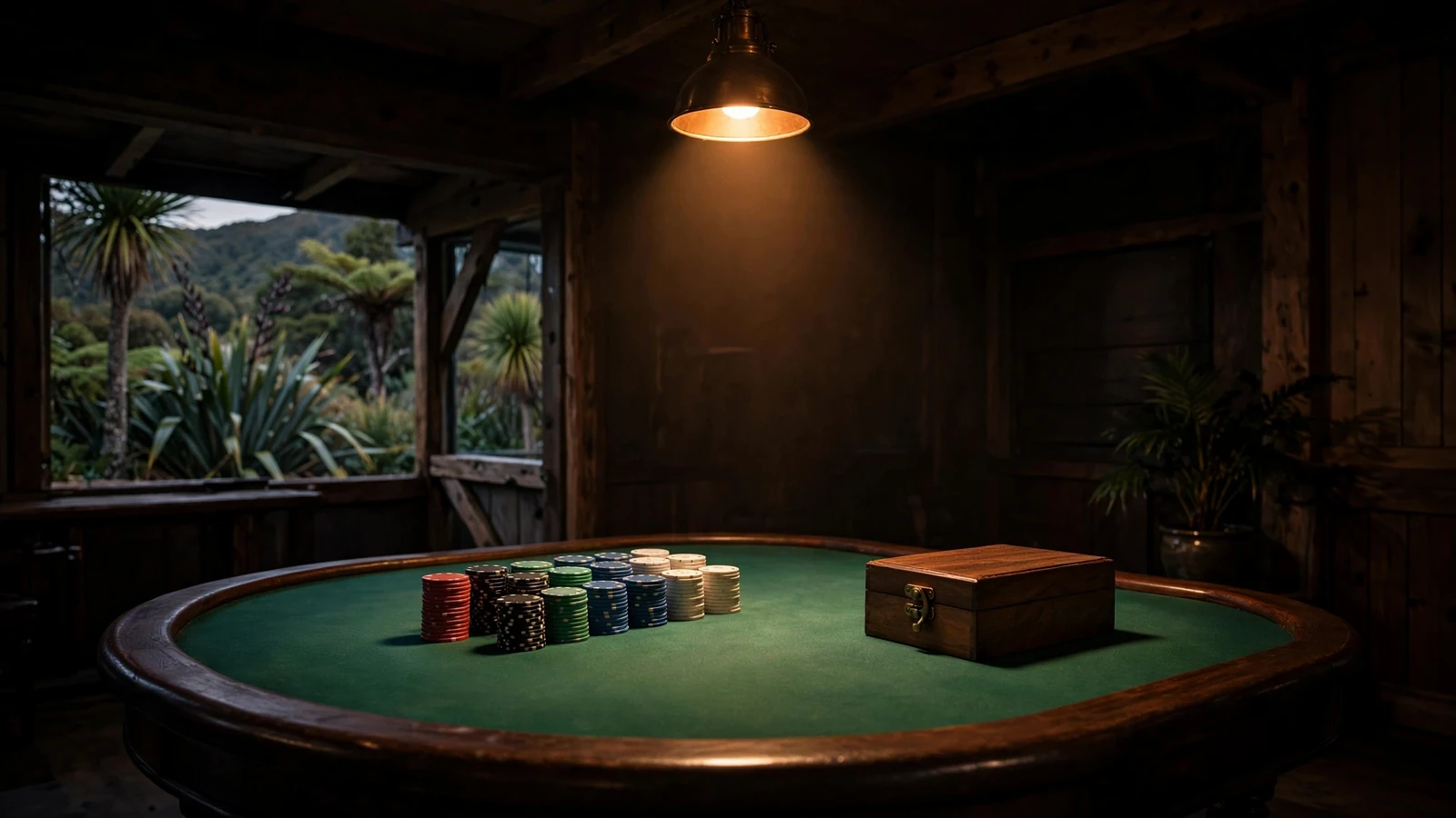 Casino table with stacked chips and a closed card shoe