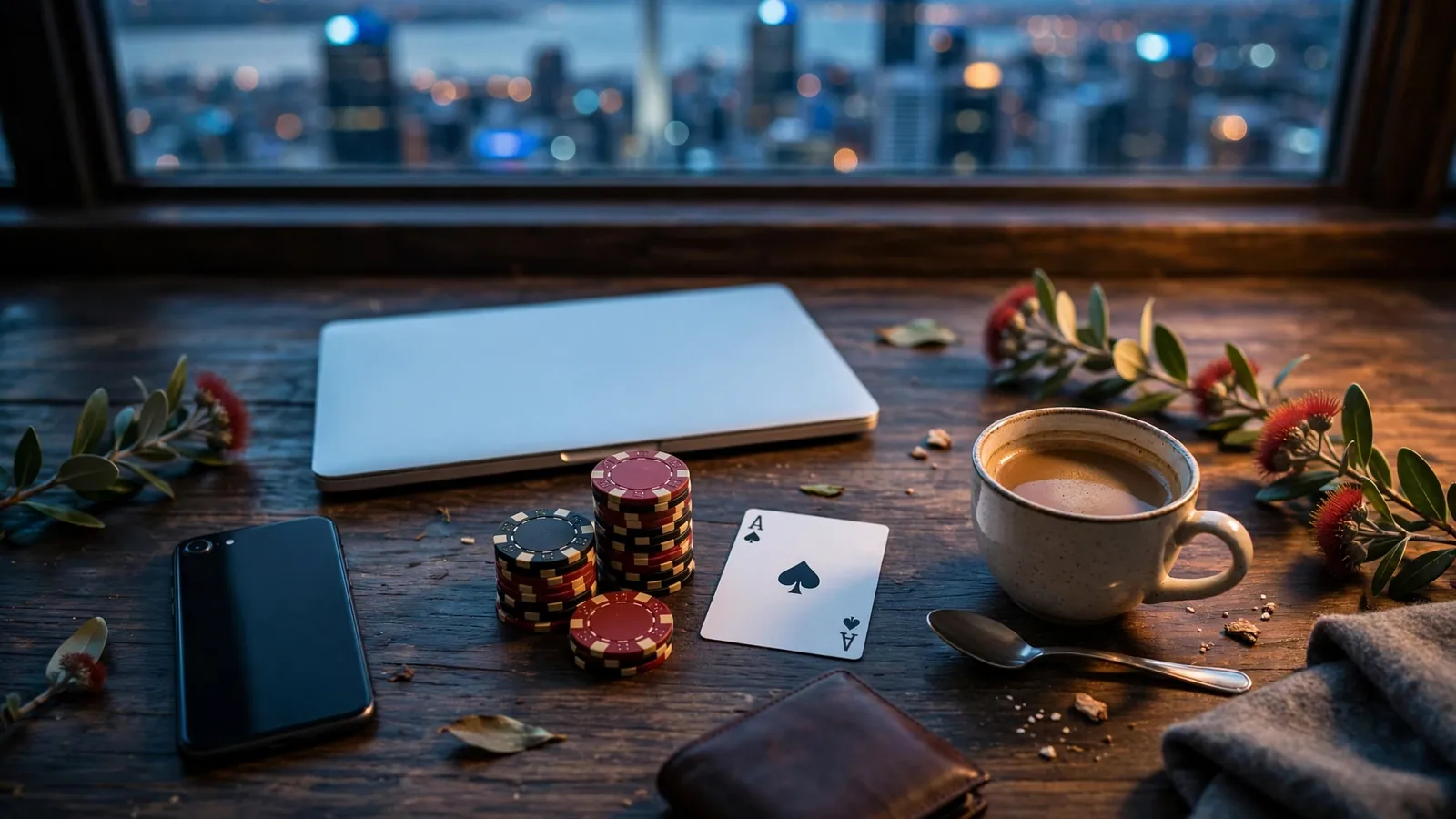 Casino chips, closed laptop, and smartphone on a desk with Auckland skyline through the window.