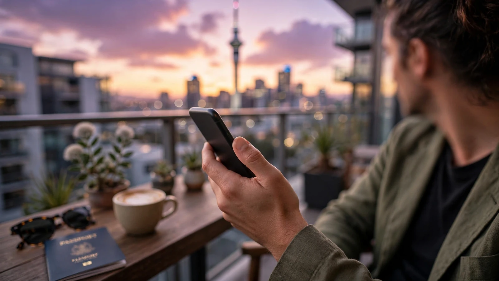 New Zealand player relaxing with smartphone at sunset overlooking Auckland Sky Tower