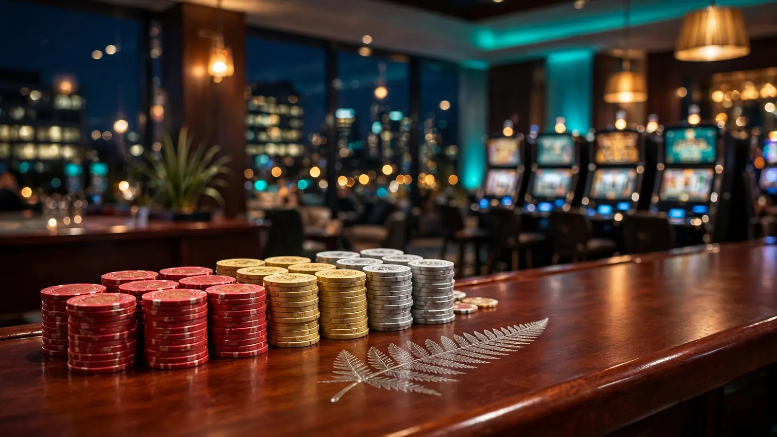 Stacked casino chips on a polished bar counter in a New Zealand casino lounge at night